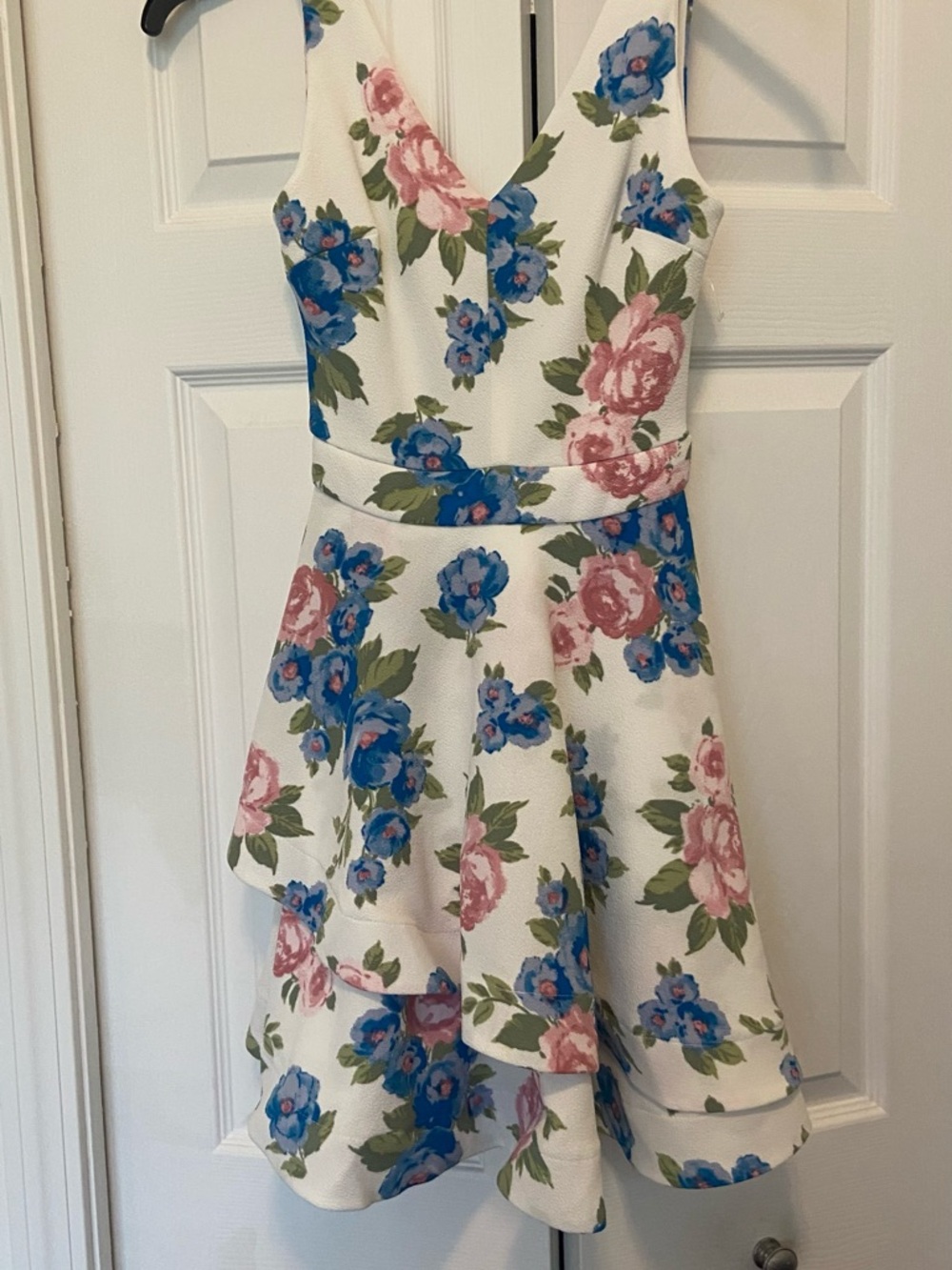 B Darlin White Floral V-Neck Tiered Dress with Blue and Pink Blooms